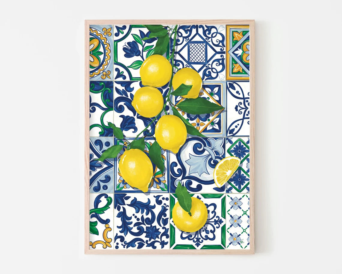 Art print of bright yellow Sicilian lemons over beautiful Italian tiles. This juicy fruit art print will bring colour and fun into any kitchen. The perfect wall art for a foodie or Italy enthusiast.