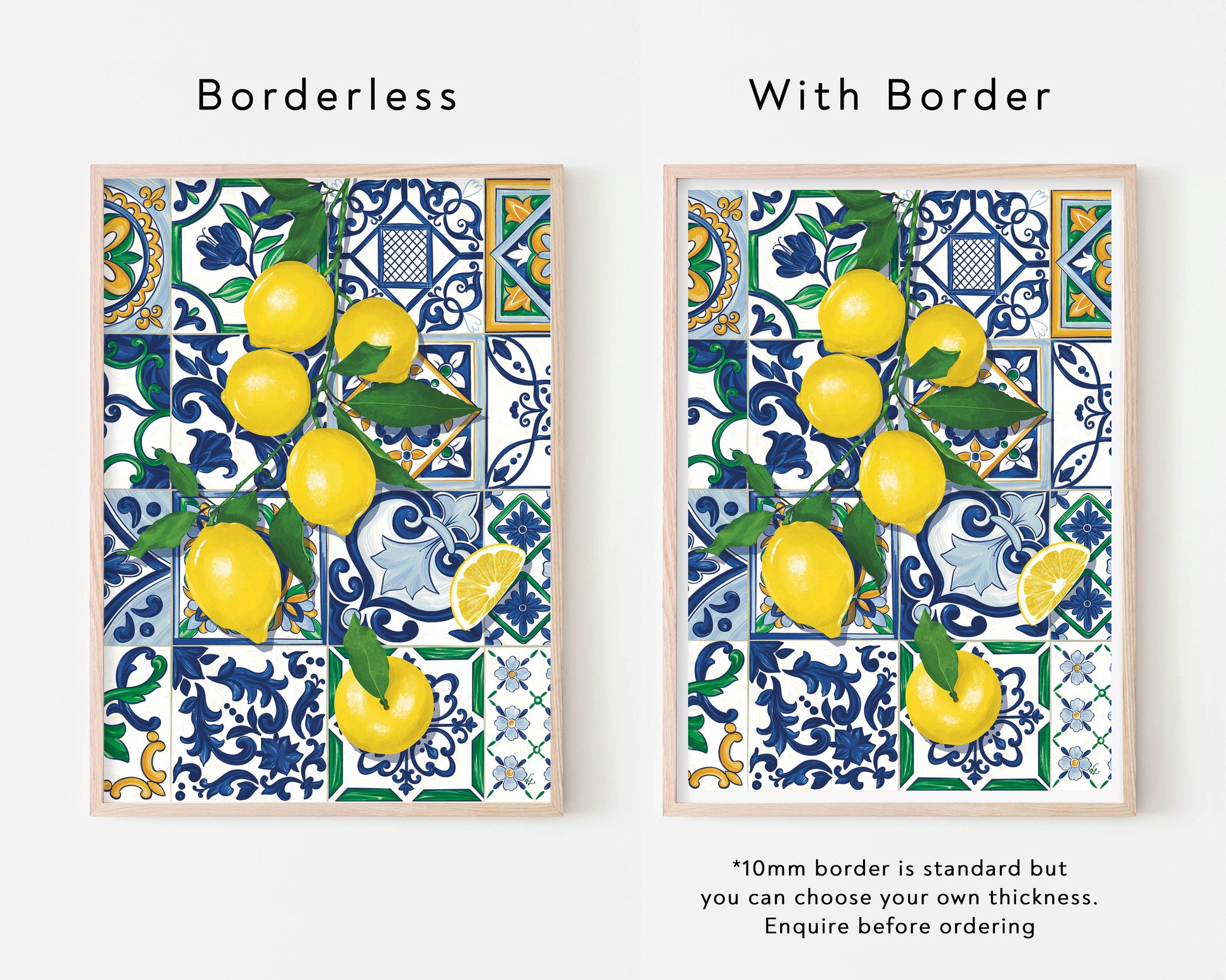 Art print of bright yellow Sicilian lemons over beautiful Italian tiles. This juicy fruit art print will bring colour and fun into any kitchen. The perfect wall art for a foodie or Italy enthusiast.
