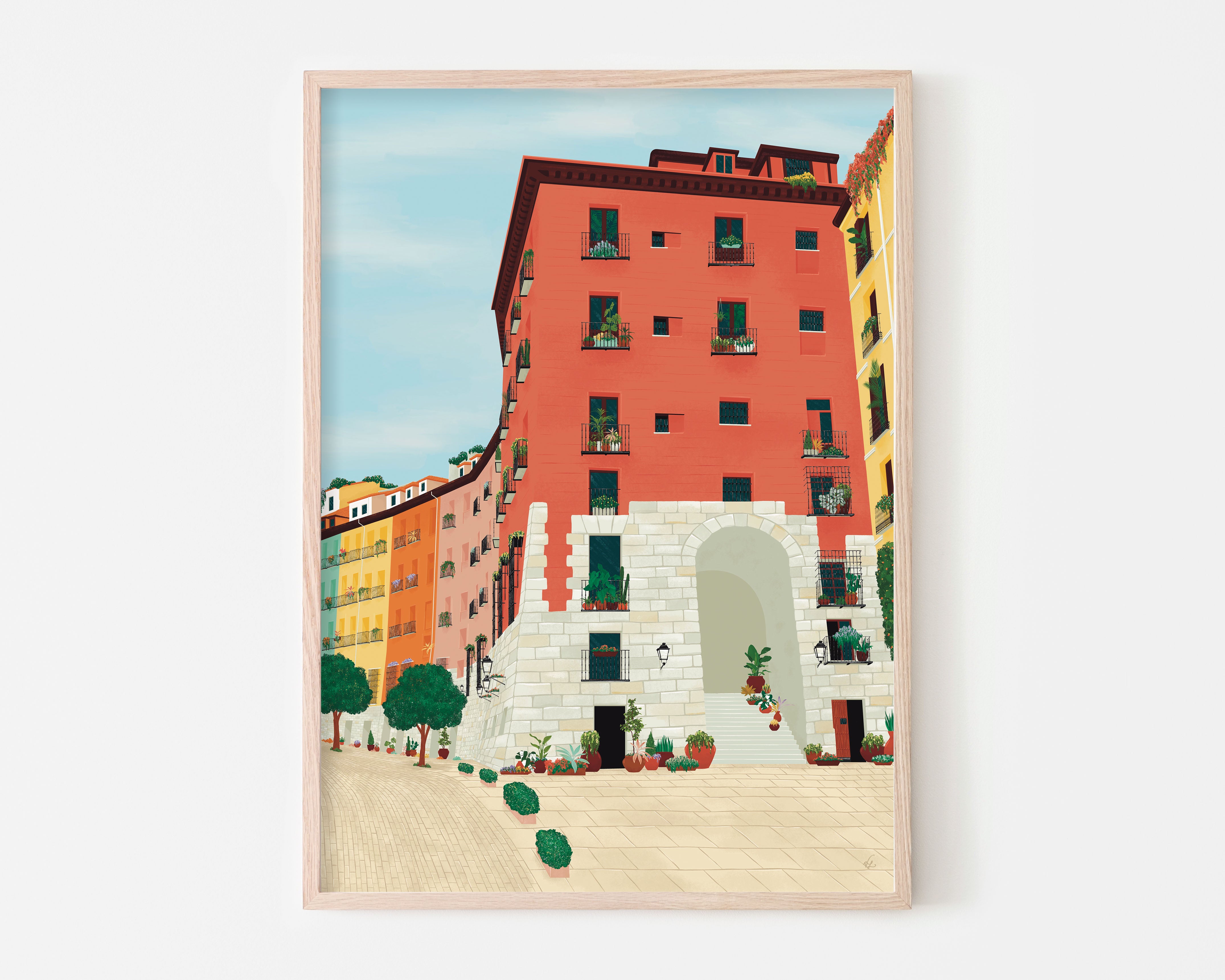 Arco de Cuchilleros in Madrid re-imaged in art print overflowing with plants and flowers. An illustration print filled with sunshine that is a perfect gift for travel enthusiasts.
